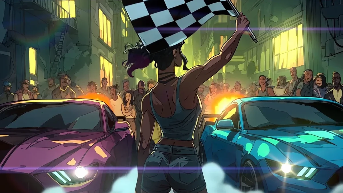 A race starting in the neon-lit streets of SR